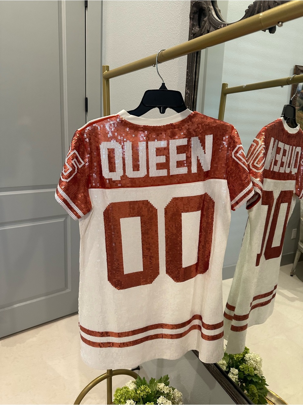 QUEEN OF SPARKLES Copper and White Sequin Jersey Mini Dress